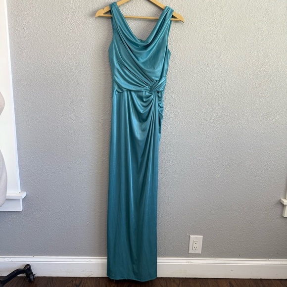 Adrianna Papell Long Gown Cowl Neck Size 4 Front Knot Draped Metallic - Picture 1 of 5